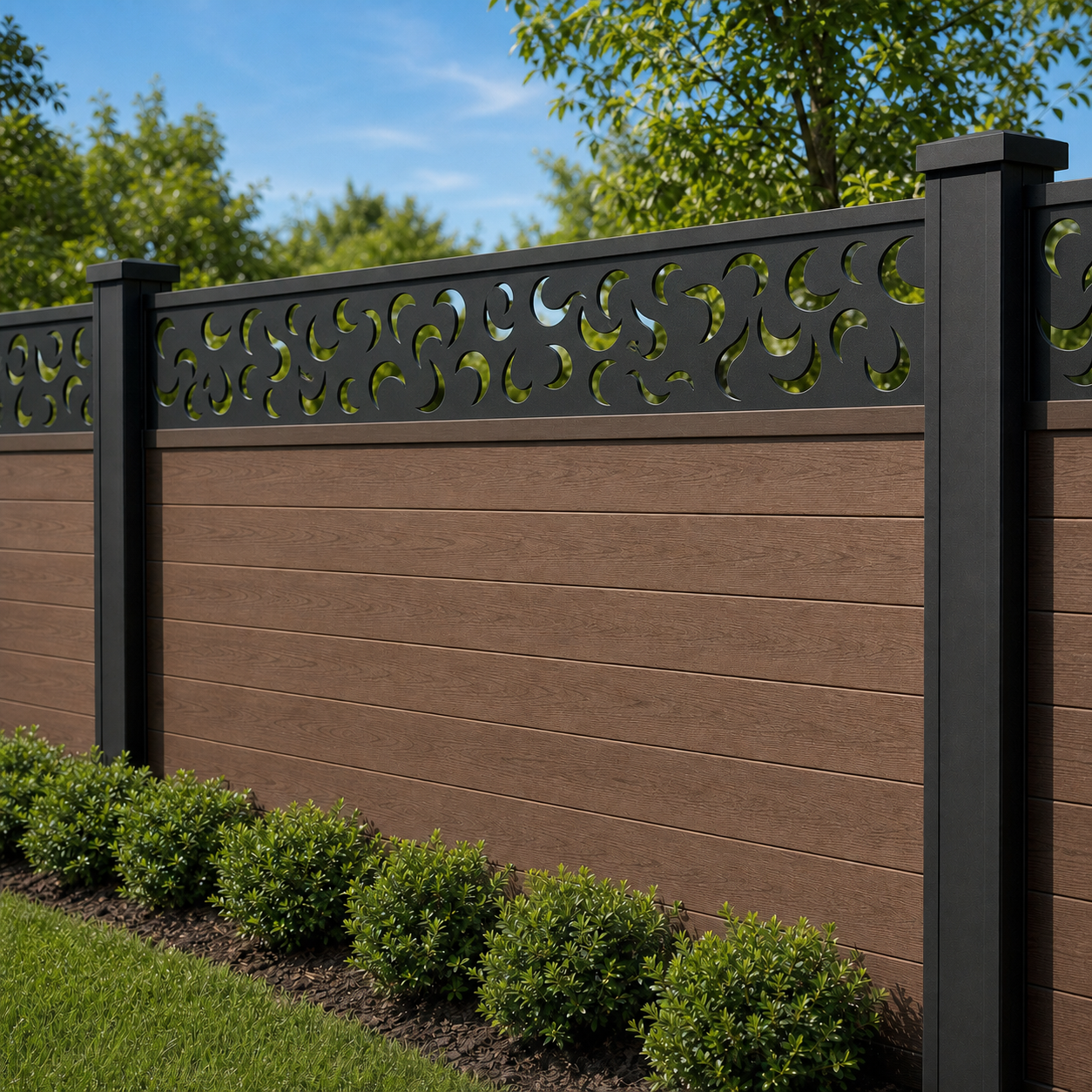 Fleur De Lis Column laser cut fence extension panel installed on composite fence, angle view, Design 157
