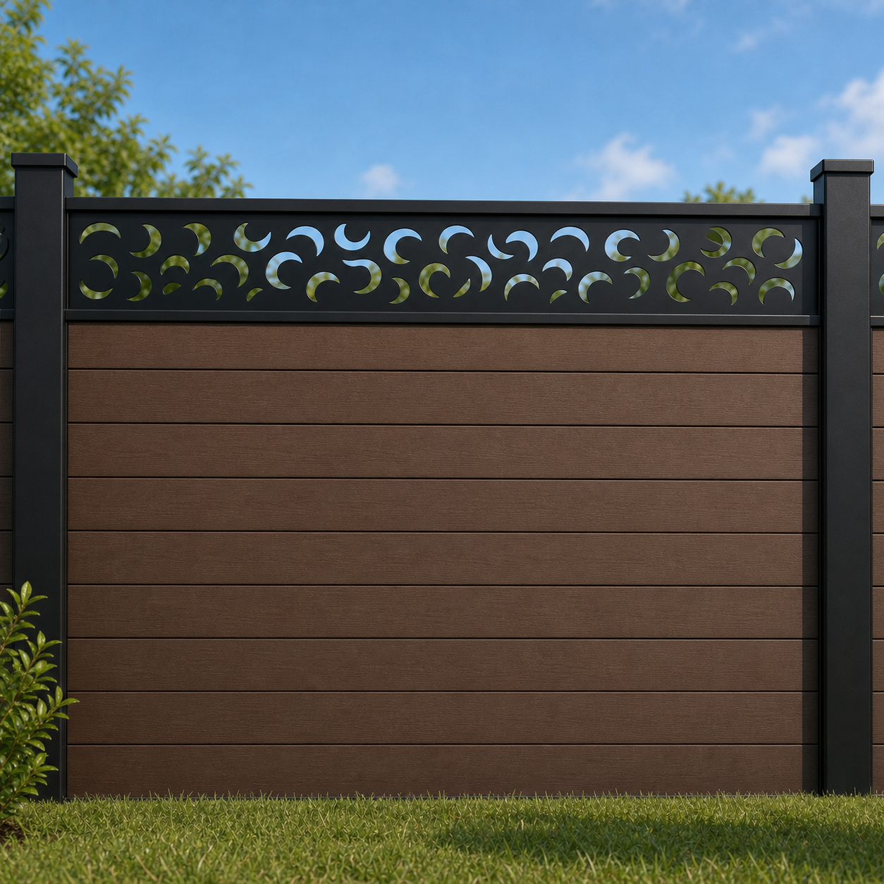 Fleur De Lis Column metal fence topper installed above WPC composite privacy fence, front view, Design 157