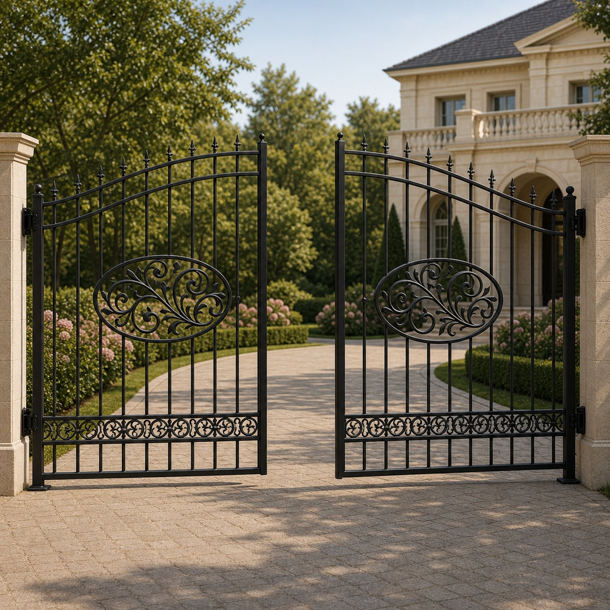 EONE Design 158 arched estate gate with sweeping scrollwork shown 30 degrees open for driveway entry view