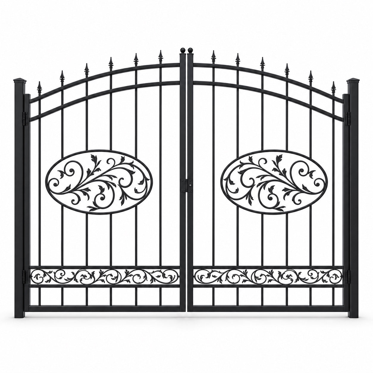 EONE Design 158 arched estate gate with sweeping scrollwork shown as a closed double swing estate driveway gate
