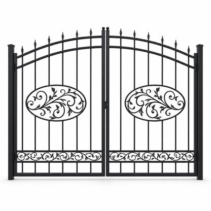 EONE Design 158 arched estate gate with sweeping scrollwork shown as a closed double swing estate driveway gate