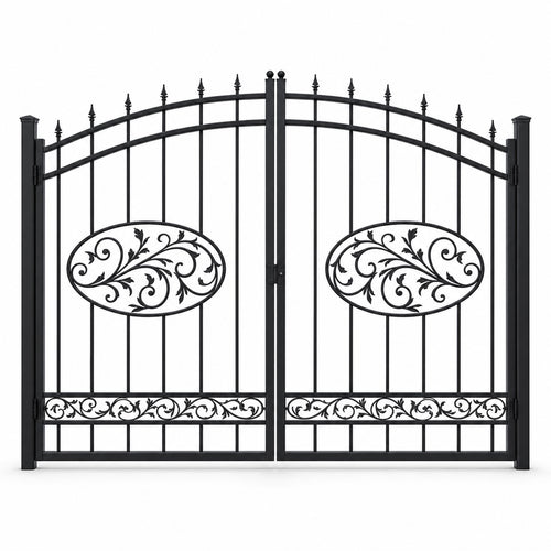 EONE Design 158 arched estate gate with sweeping scrollwork shown as a closed double swing estate driveway gate