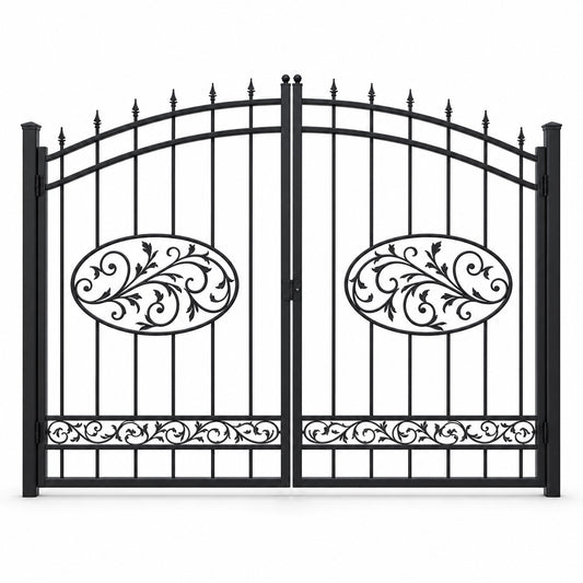 EONE Design 158 arched estate gate with sweeping scrollwork shown as a closed double swing estate driveway gate