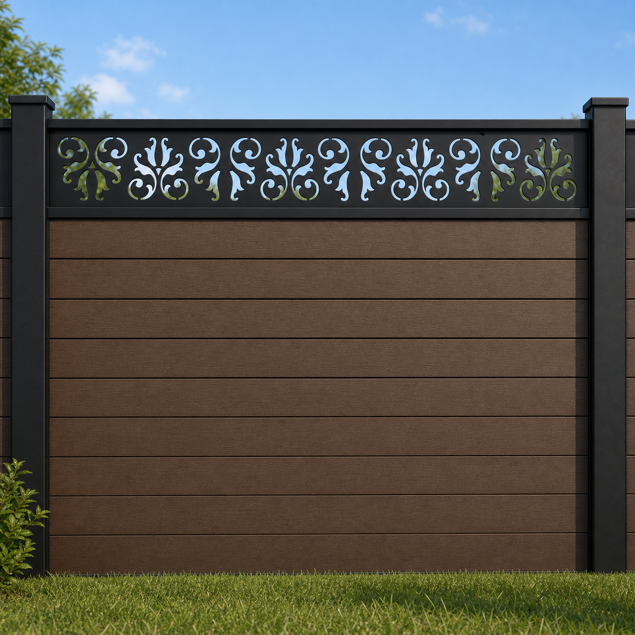 Elegant Scroll Rail metal fence topper installed above WPC composite privacy fence, front view, Design 158