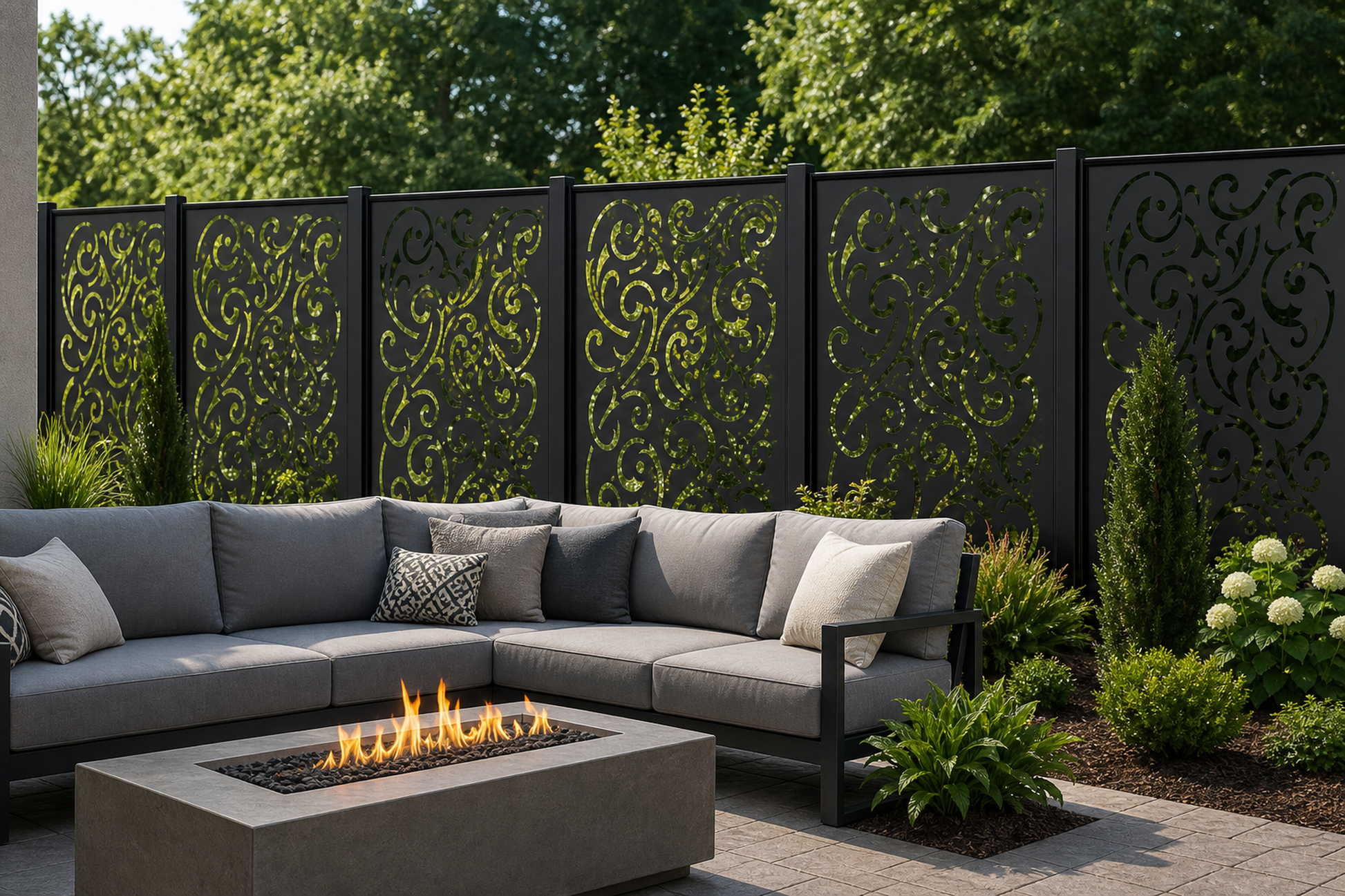 Design 158 Elegant Vine Scroll Laser Cut Metal Privacy Screen Panel installed garden daylight view