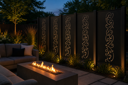 Design 158 Elegant Vine Scroll Laser Cut Metal Privacy Screen Panel installed garden night lighting view