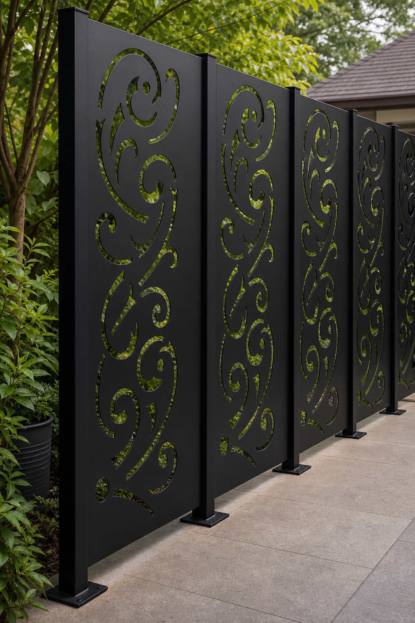 Design 158 Elegant Vine Scroll Laser Cut Metal Privacy Screen Panel oblique angle view