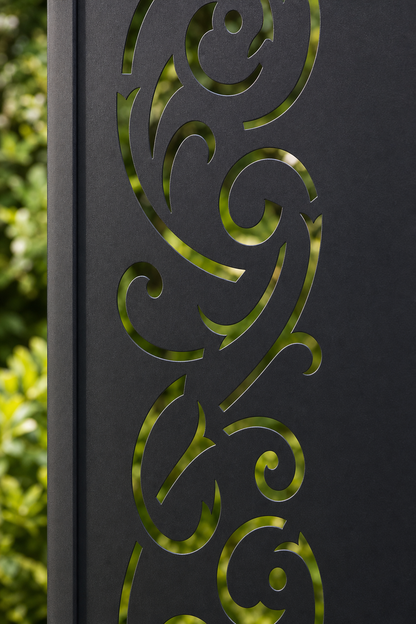 Design 158 Elegant Vine Scroll Laser Cut Metal Privacy Screen Panel close-up detail view