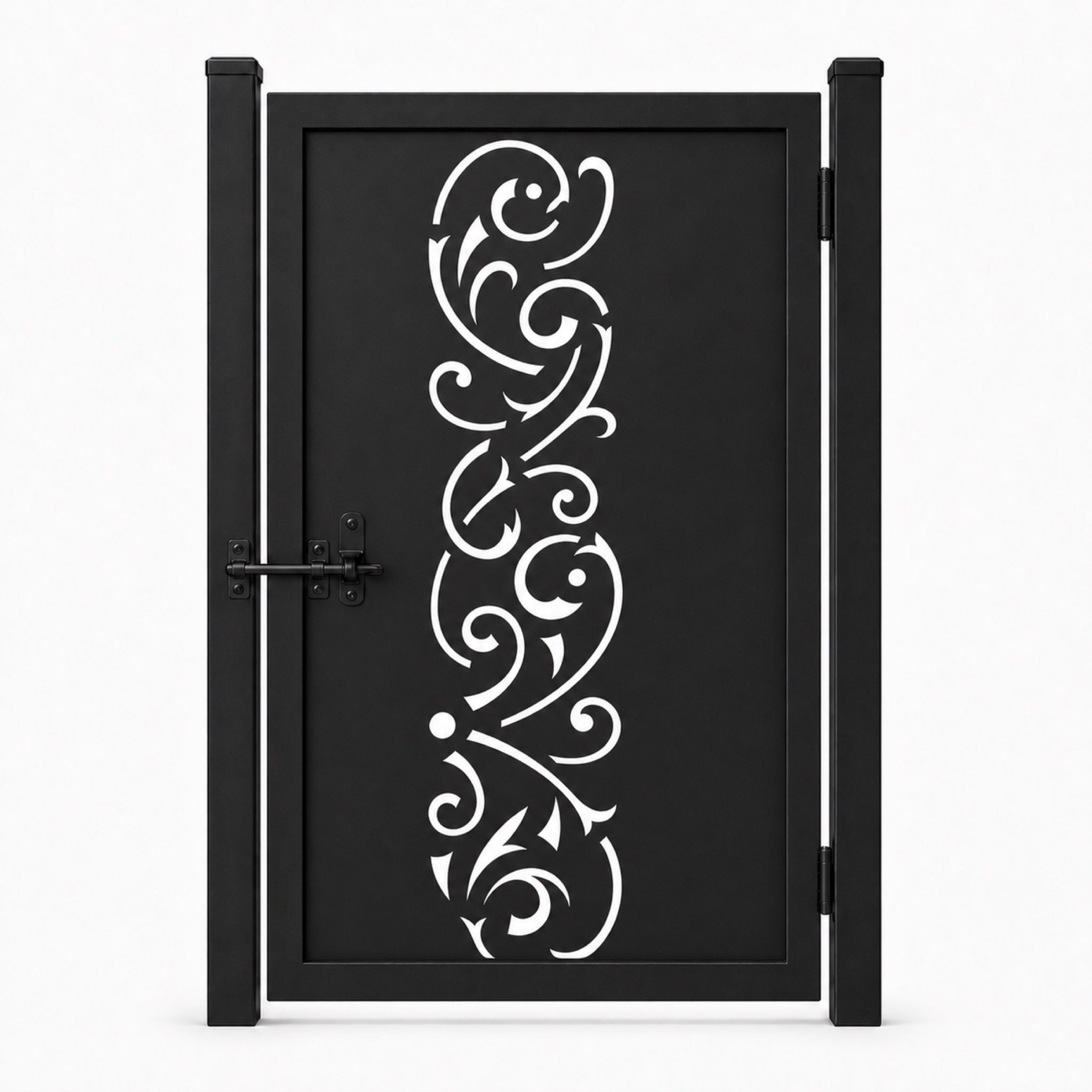 Design 158 open long scroll arc black laser cut metal pedestrian gate closed view