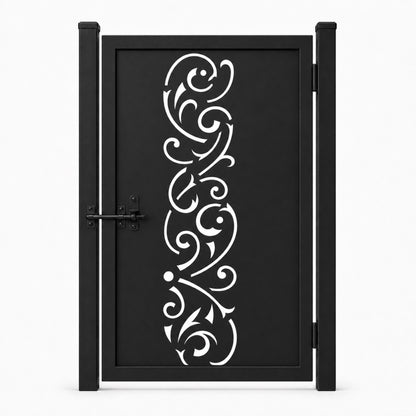 Design 158 open long scroll arc black laser cut metal pedestrian gate closed view