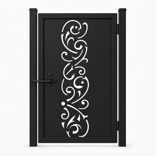 Design 158 open long scroll arc black laser cut metal pedestrian gate closed view