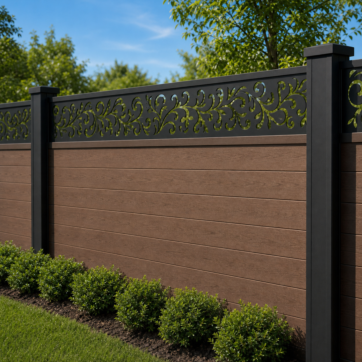 C Scroll Vine laser cut fence extension panel installed on composite fence, angle view, Design 159