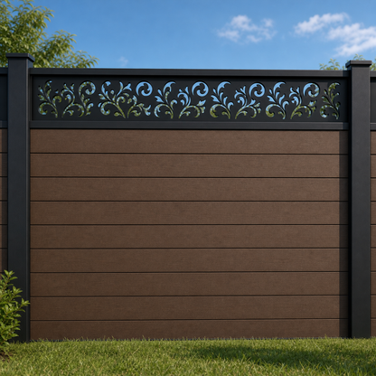 C Scroll Vine metal fence topper installed above WPC composite privacy fence, front view, Design 159