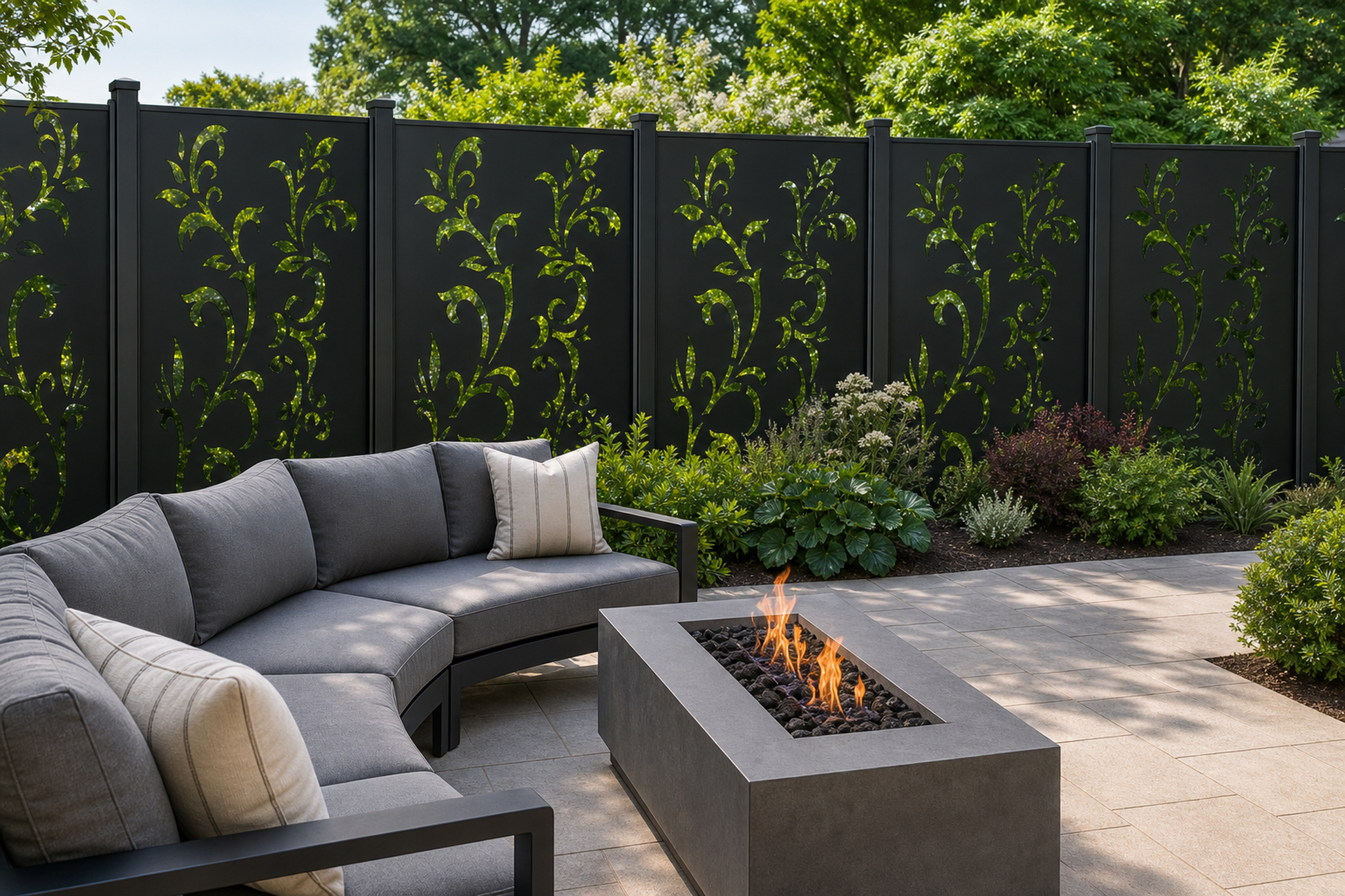 Design 159 Lily Vine Laser Cut Metal Privacy Screen Panel installed garden daylight view