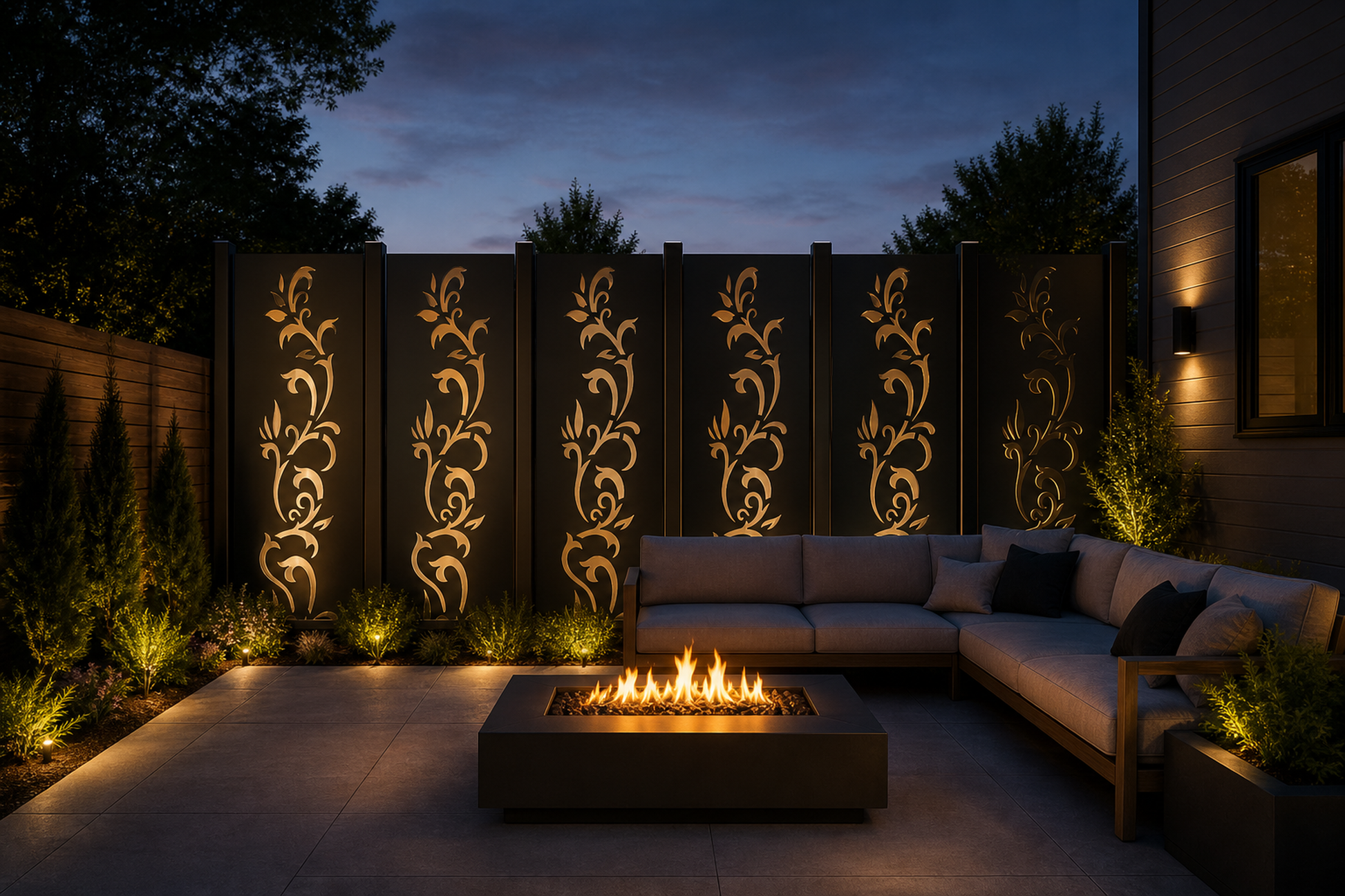 Design 159 Lily Vine Laser Cut Metal Privacy Screen Panel installed garden night lighting view