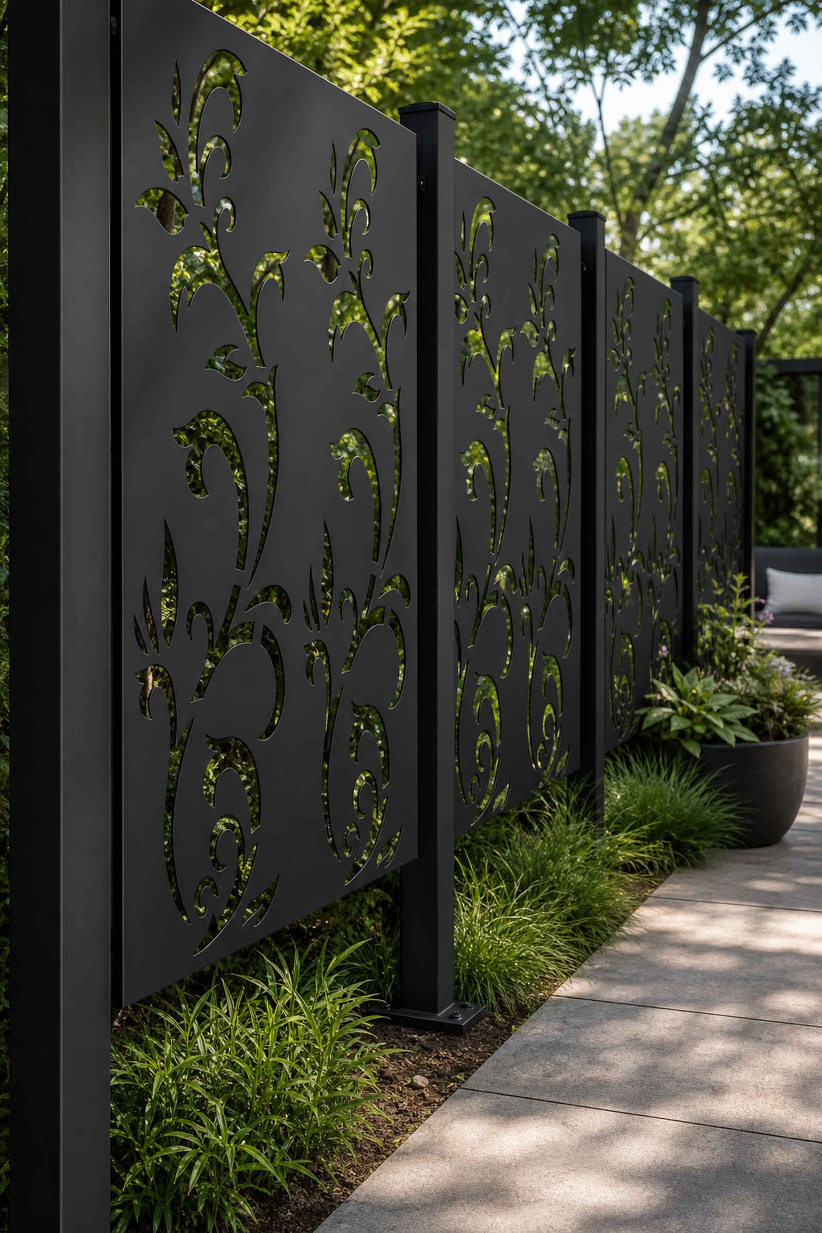 Design 159 Lily Vine Laser Cut Metal Privacy Screen Panel oblique angle view