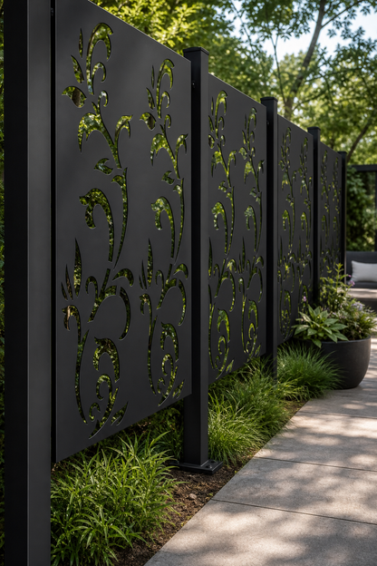 Design 159 Lily Vine Laser Cut Metal Privacy Screen Panel oblique angle view