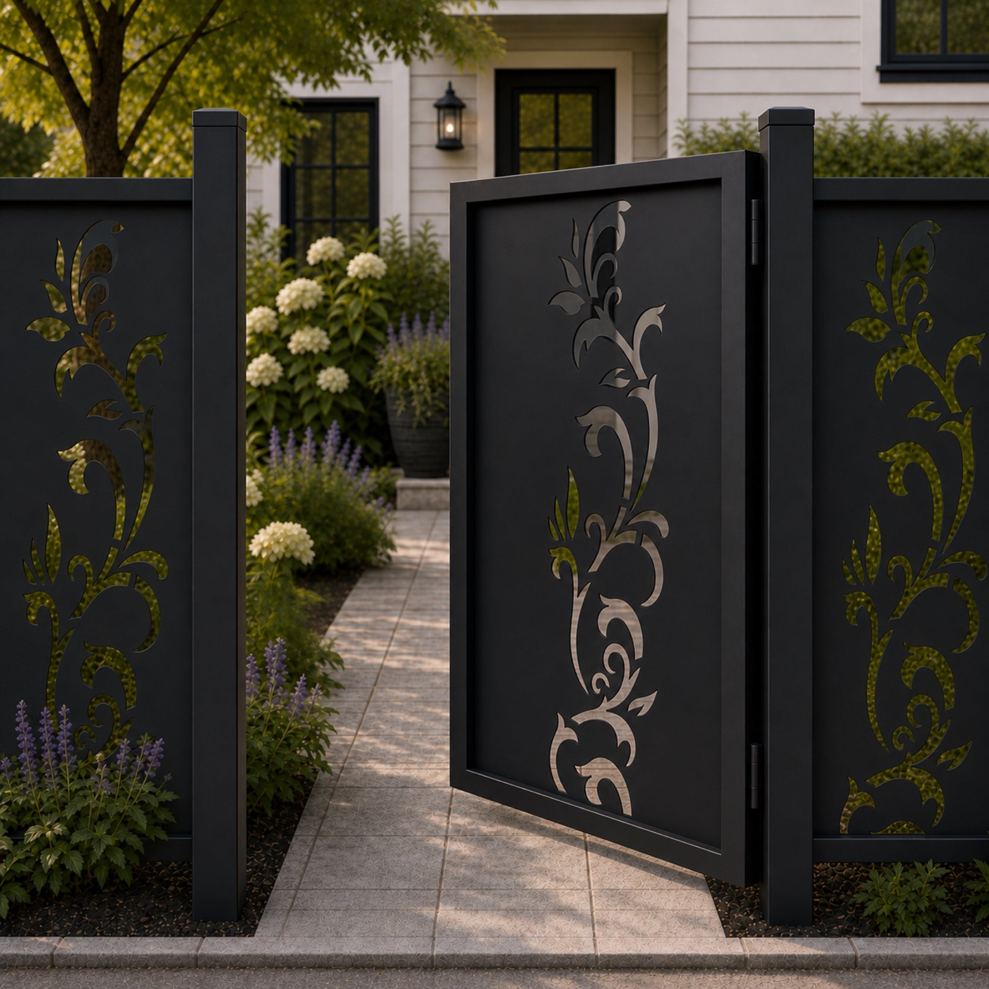 Design 159 long vine leaf scrollwork black aluminium side gate open view
