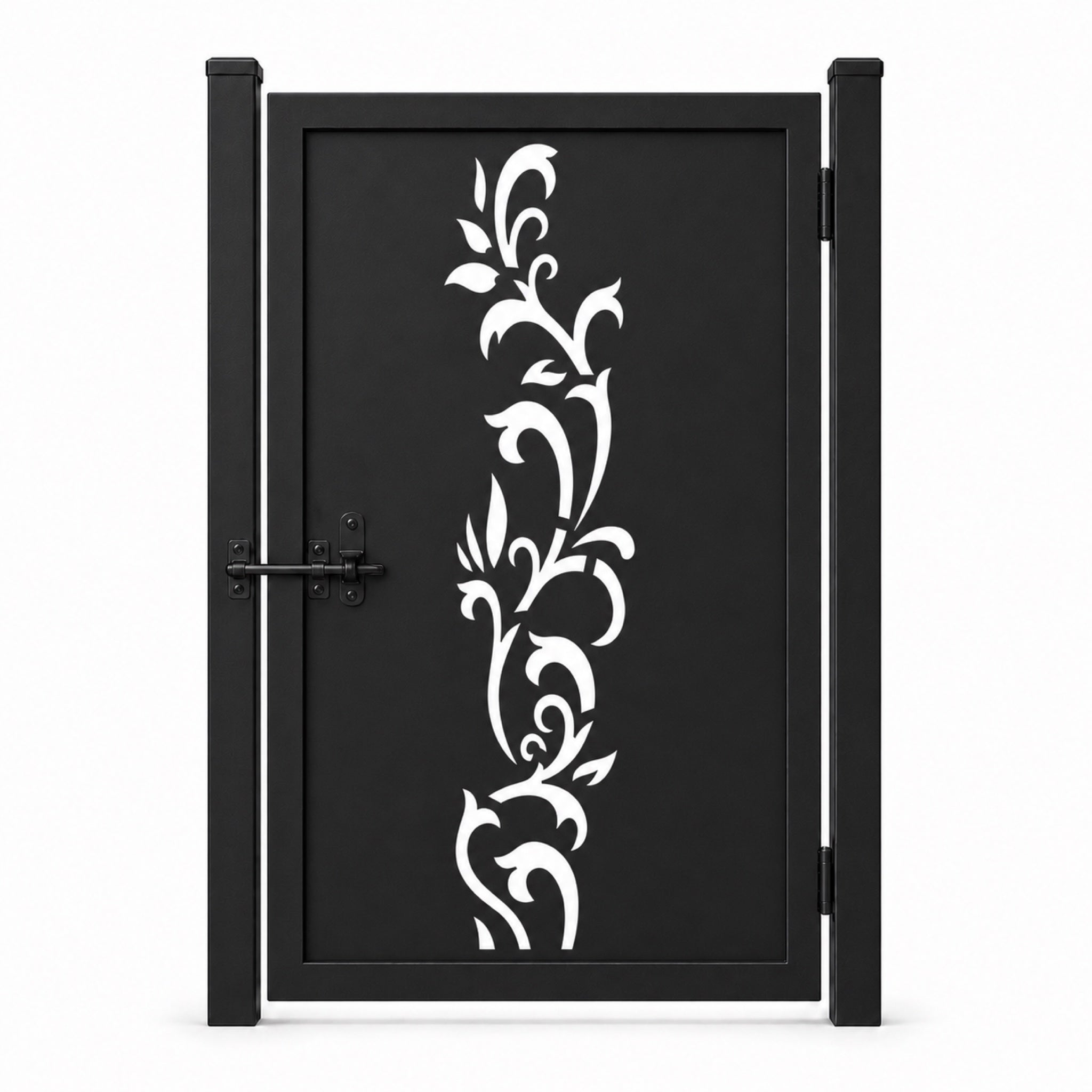 Design 159 long vine leaf scrollwork black laser cut metal pedestrian gate closed view