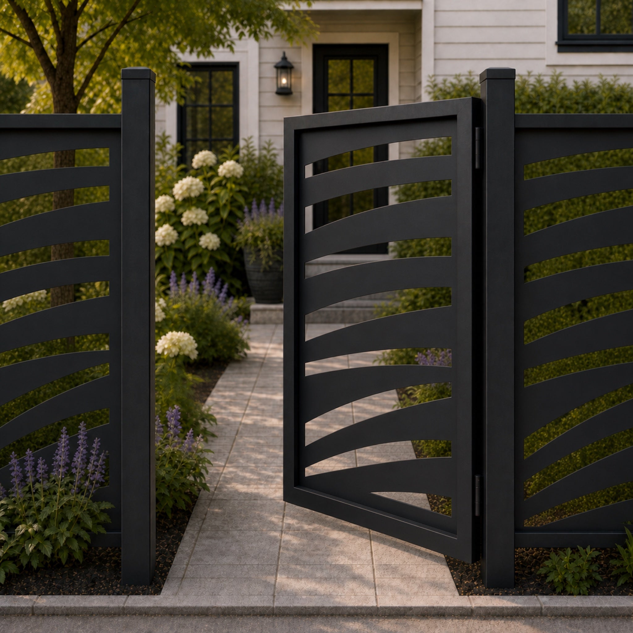 Design 160 arched wave band black aluminium side gate open view