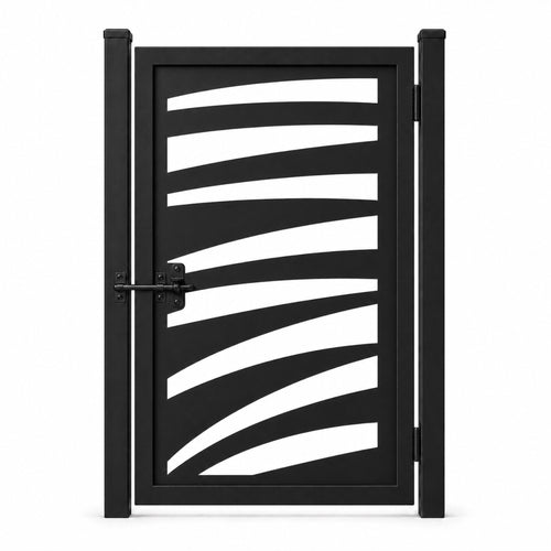 Design 160 arched wave band black laser cut metal pedestrian gate closed view