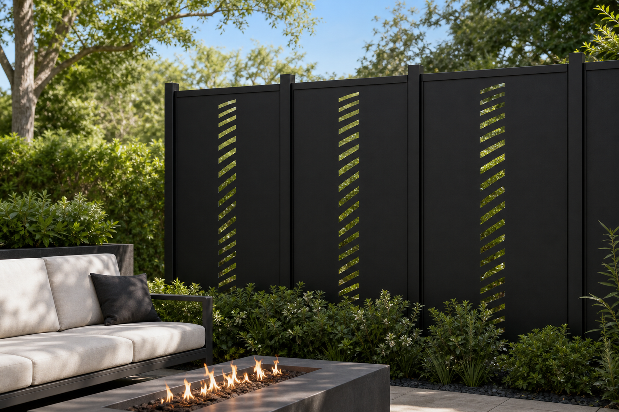 Design 160 Diagonal Slat Laser Cut Metal Privacy Screen Panel installed garden daylight view