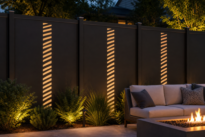 Design 160 Diagonal Slat Laser Cut Metal Privacy Screen Panel installed garden night lighting view