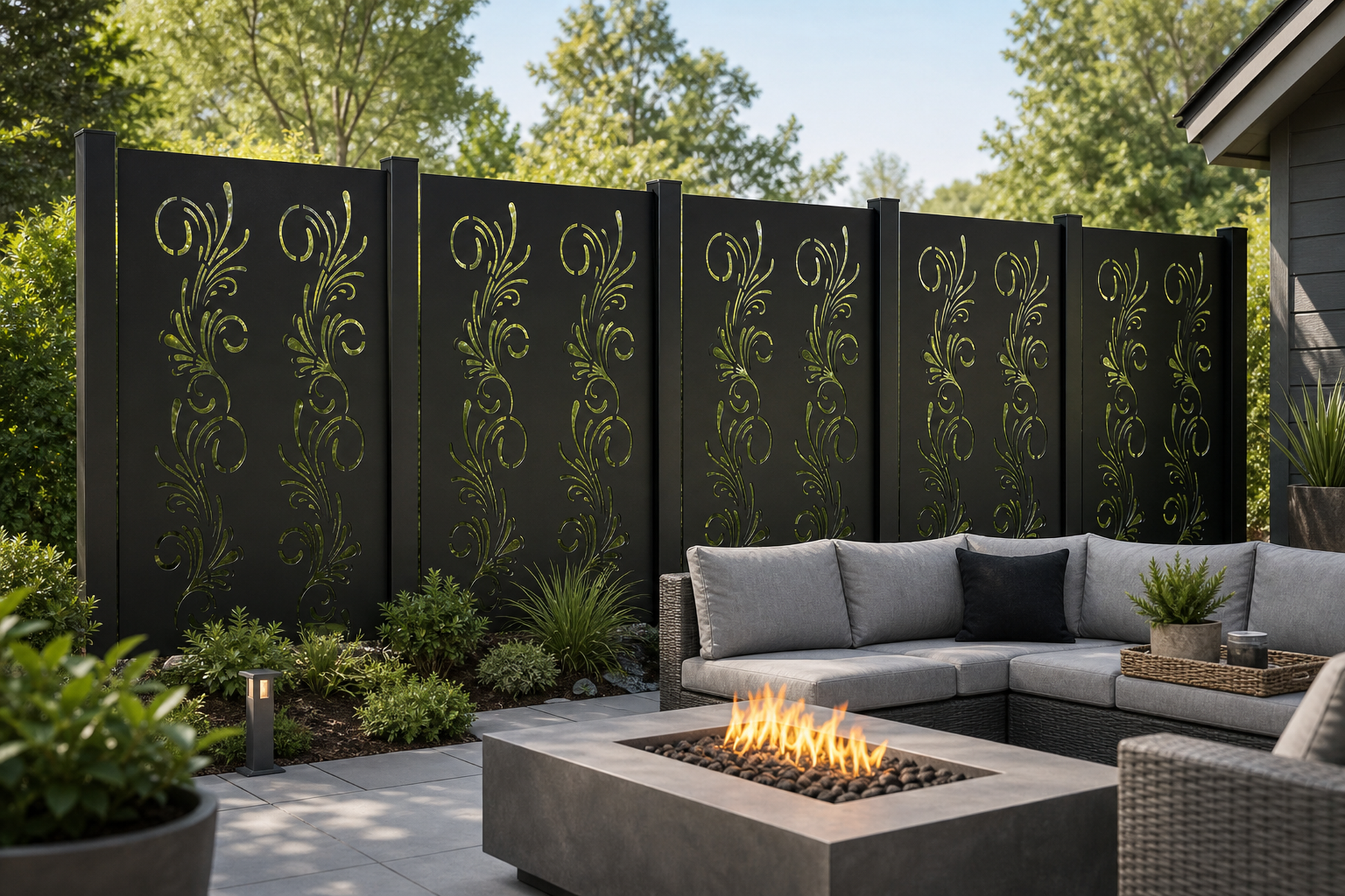 Design 161 Floral Curl Spray Laser Cut Metal Privacy Screen Panel installed garden daylight view