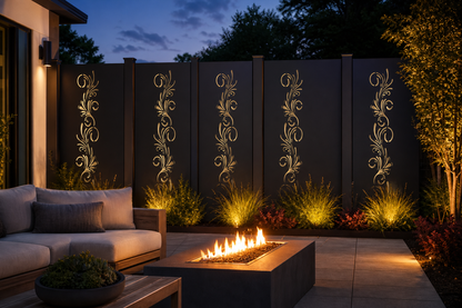 Design 161 Floral Curl Spray Laser Cut Metal Privacy Screen Panel installed garden night lighting view