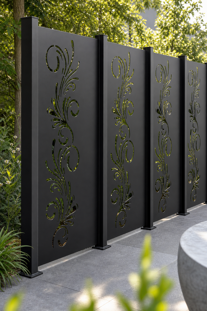 Design 161 Floral Curl Spray Laser Cut Metal Privacy Screen Panel oblique angle view