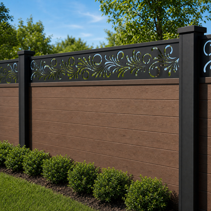 Leaf Scroll With Border laser cut fence extension panel installed on composite fence, angle view, Design 161