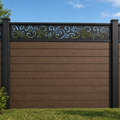 Leaf Scroll With Border metal fence topper installed above WPC composite privacy fence, front view, Design 161