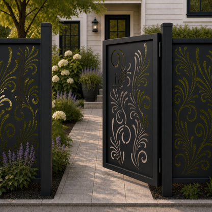 Design 161 slim fountain scrollwork black aluminium side gate open view
