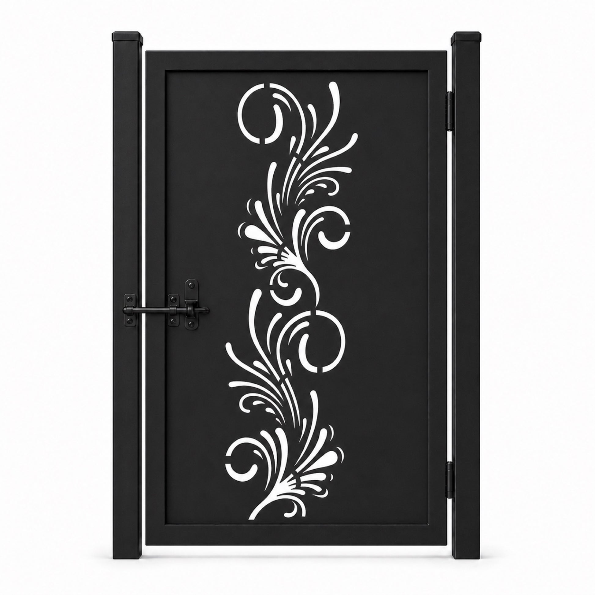 Design 161 slim fountain scrollwork black laser cut metal pedestrian gate closed view
