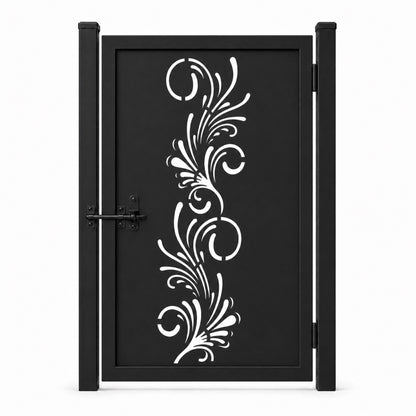 Design 161 slim fountain scrollwork black laser cut metal pedestrian gate closed view