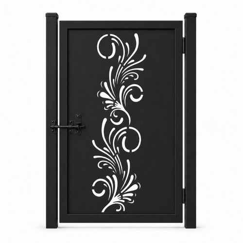 Design 161 slim fountain scrollwork black laser cut metal pedestrian gate closed view