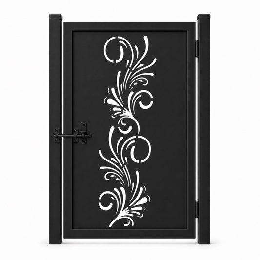 Design 161 slim fountain scrollwork black laser cut metal pedestrian gate closed view