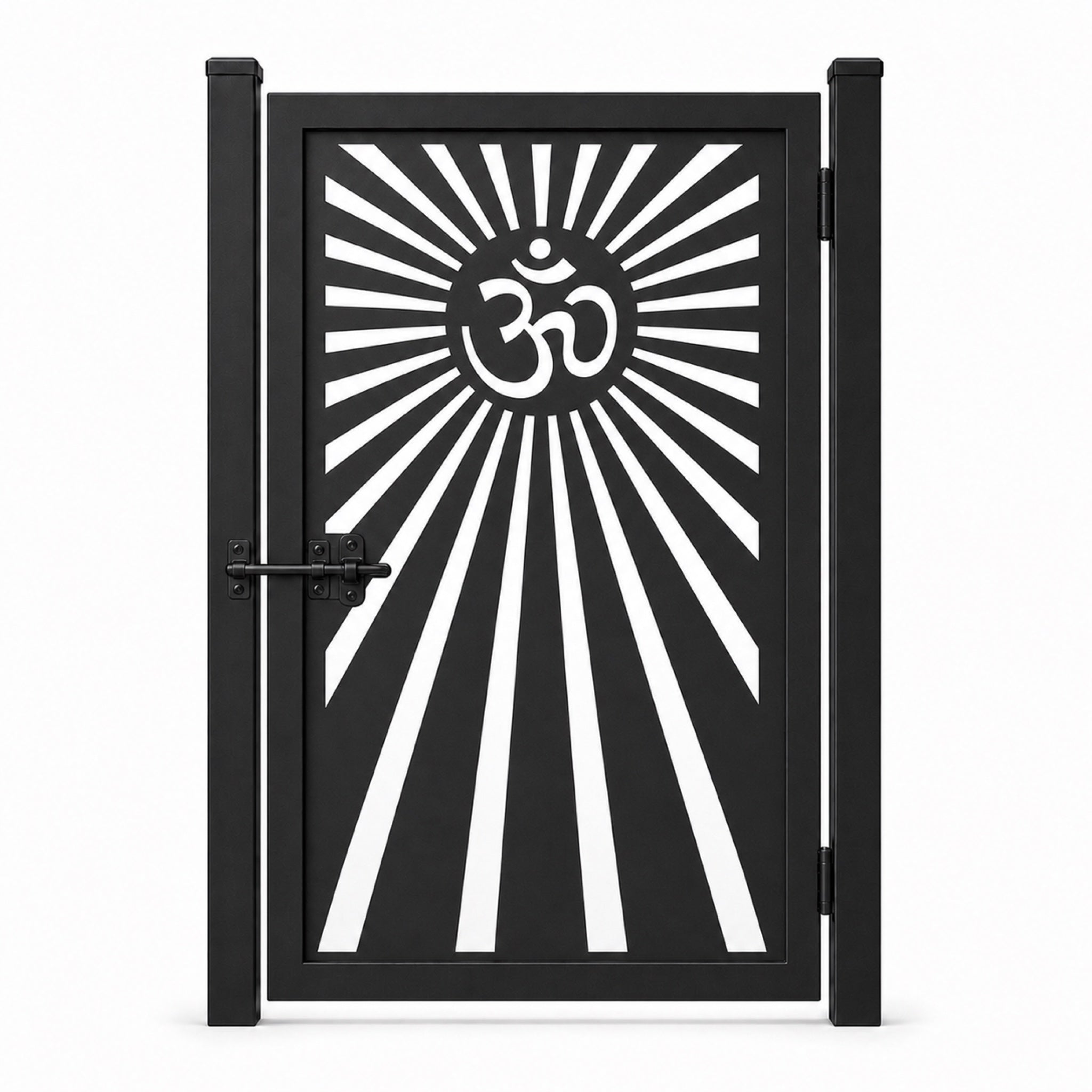Design 162 radiating om motif black laser cut metal pedestrian gate closed view