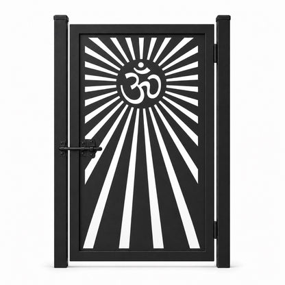 Design 162 radiating om motif black laser cut metal pedestrian gate closed view
