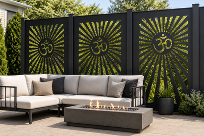Design 162 Sunburst Fountain Laser Cut Metal Privacy Screen Panel installed garden daylight view