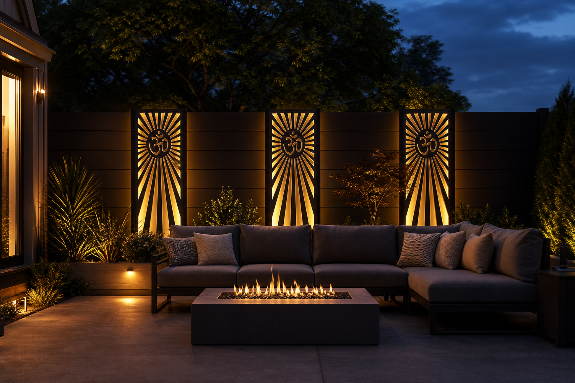 Design 162 Sunburst Fountain Laser Cut Metal Privacy Screen Panel installed garden night lighting view