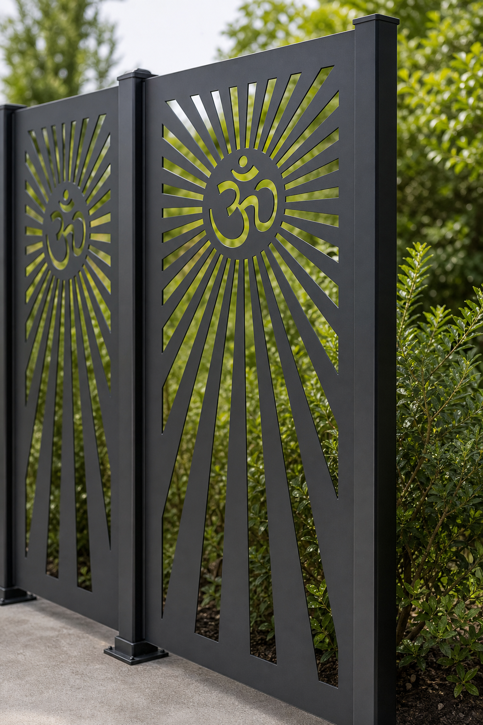 Design 162 Sunburst Fountain Laser Cut Metal Privacy Screen Panel oblique angle view