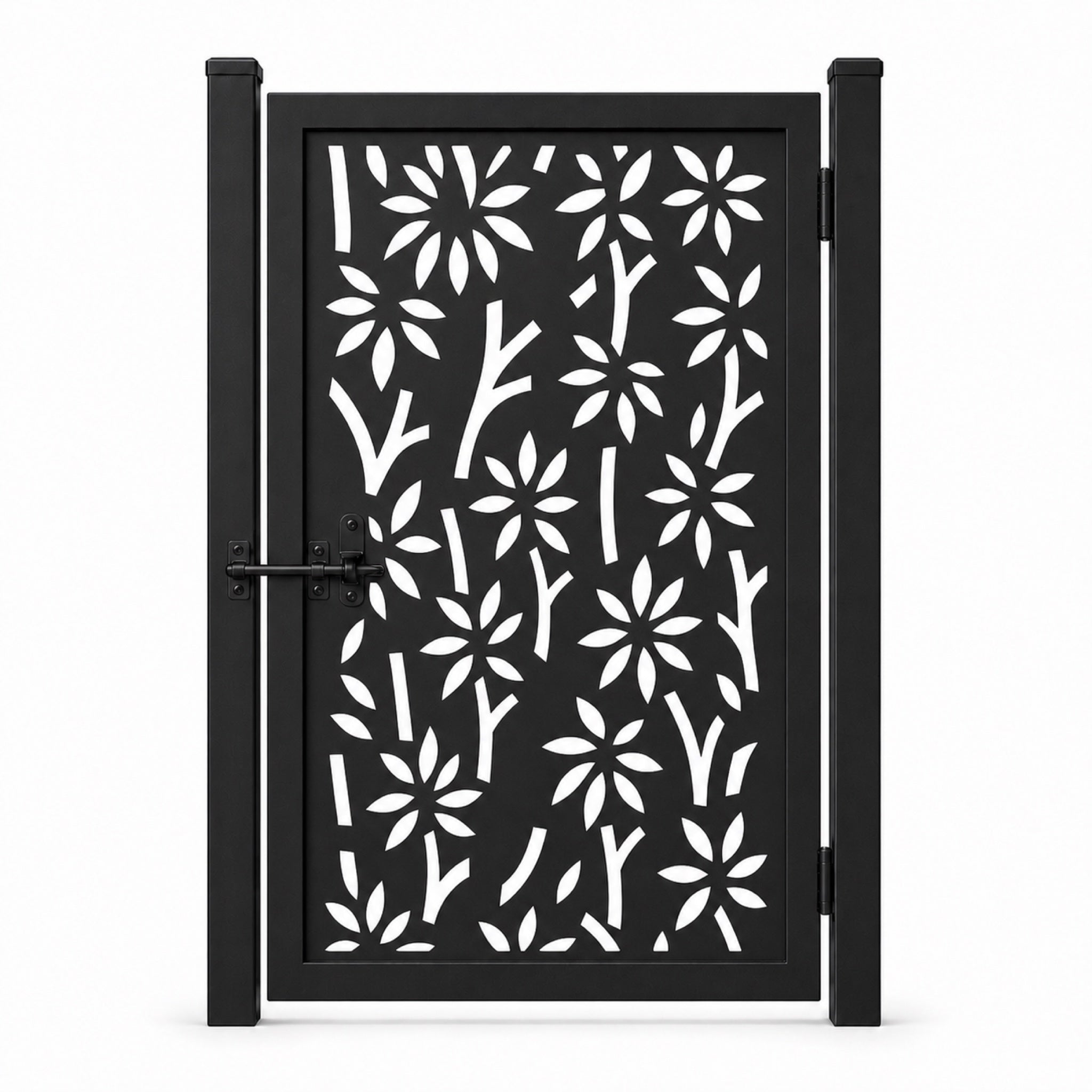 Design 163 allover floral branch leaf black laser cut metal pedestrian gate closed view