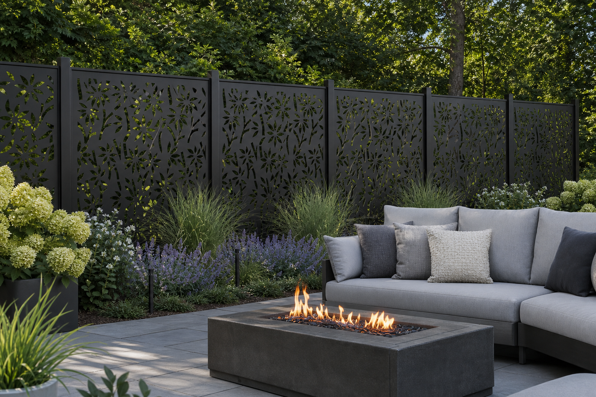 Design 163 Bamboo Blossom Laser Cut Metal Privacy Screen Panel installed garden daylight view