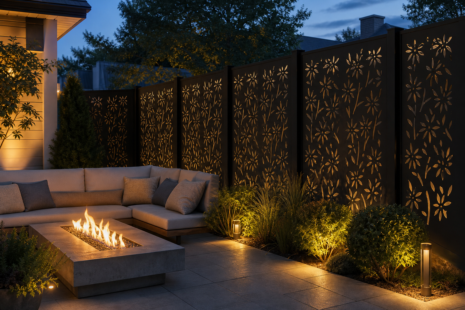Design 163 Bamboo Blossom Laser Cut Metal Privacy Screen Panel installed garden night lighting view