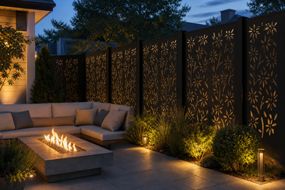 Design 163 Bamboo Blossom Laser Cut Metal Privacy Screen Panel installed garden night lighting view