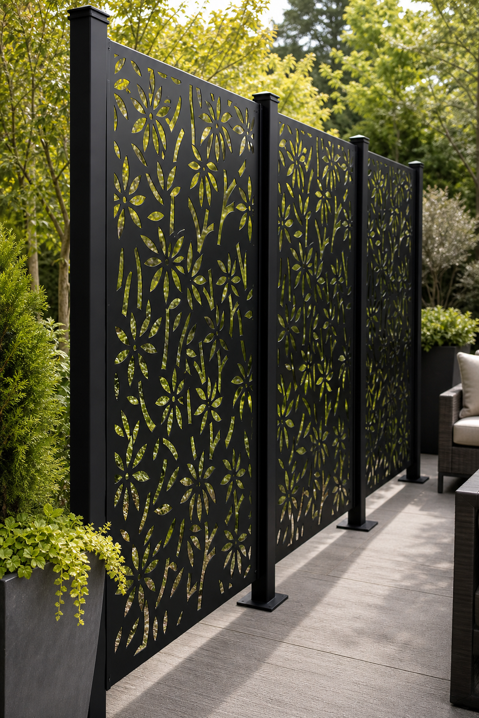 Design 163 Bamboo Blossom Laser Cut Metal Privacy Screen Panel oblique angle view