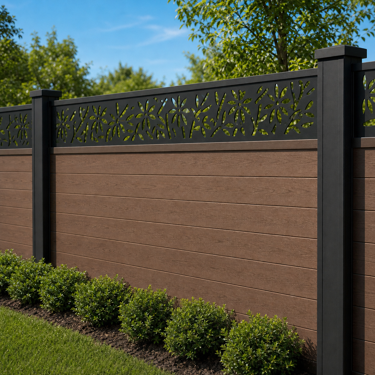 Wild Grass Floral laser cut fence extension panel installed on composite fence, angle view, Design 163