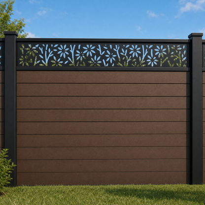 Wild Grass Floral metal fence topper installed above WPC composite privacy fence, front view, Design 163