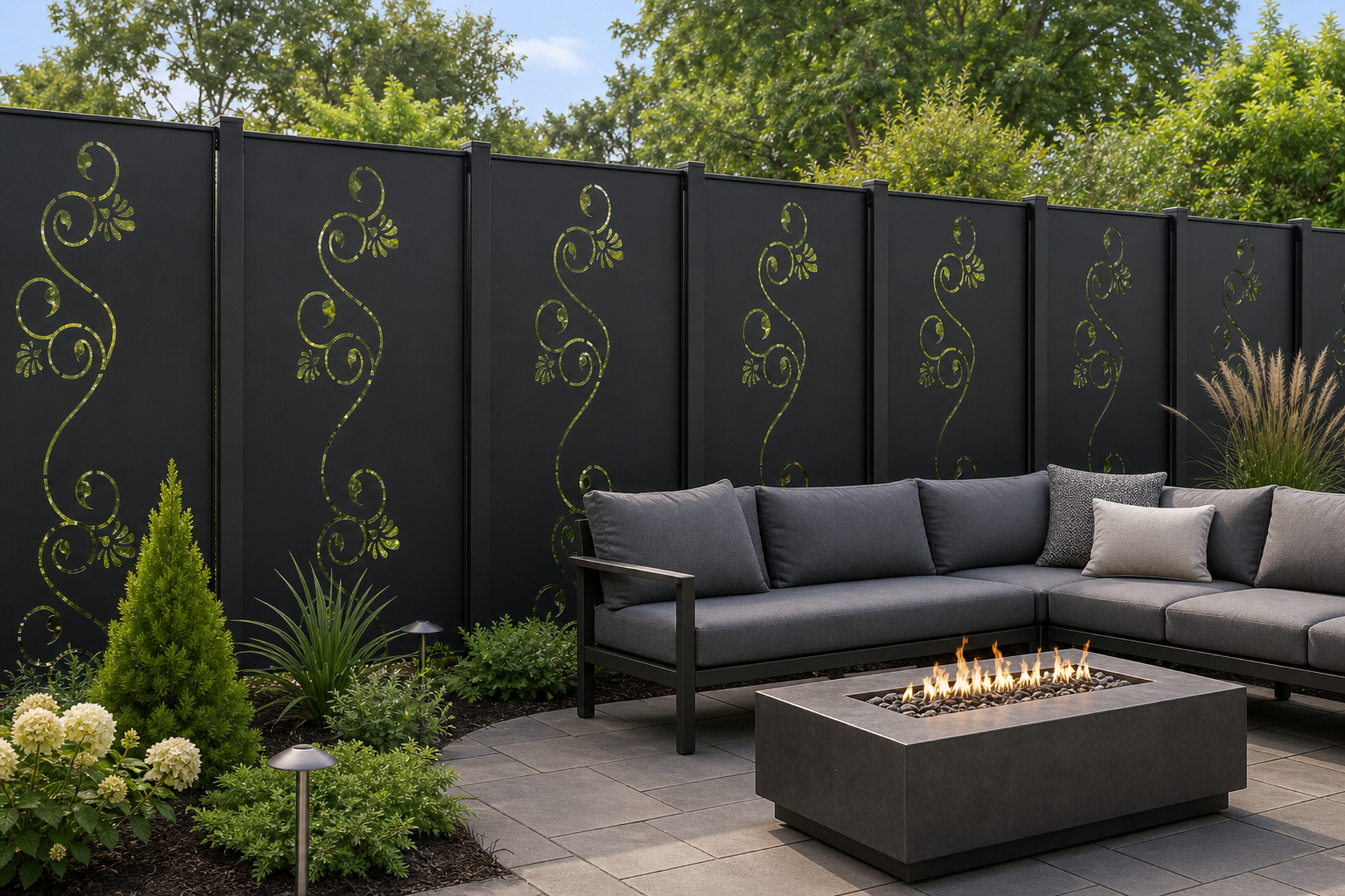 Design 172 Fine Curl Vine Laser Cut Metal Privacy Screen Panel installed garden daylight view